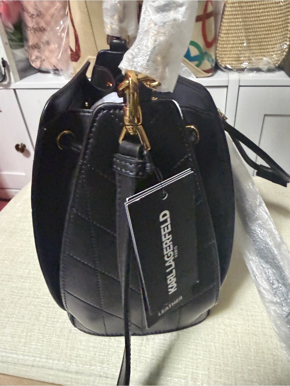 Karl Lagerfeld Black Quilted Satchel with Gold Hardware